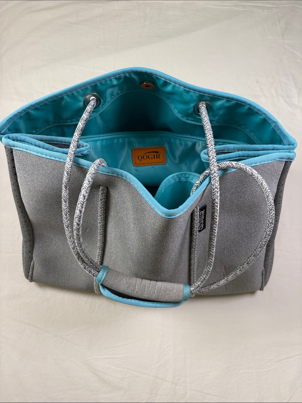 Gray Tote Bag with Turquoise Interior